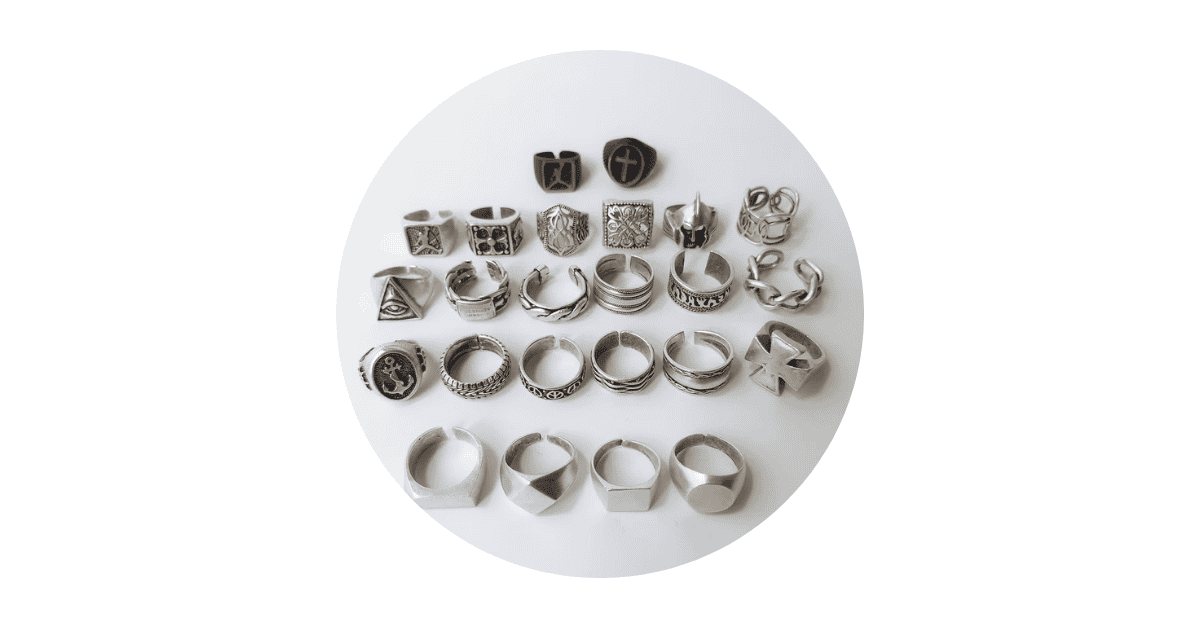 Collection of various silver rings.