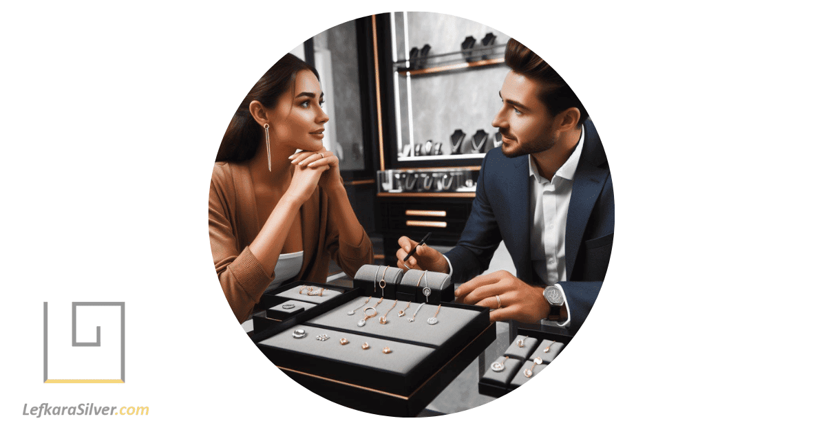 a jeweler answering questions about silver sets to an interested customer, with a display of silver sets on the counter between them.
