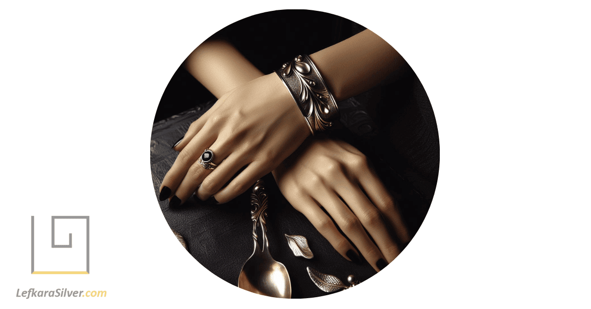 a person wearing a bracelet crafted from a silver spoon, showcasing the elegant design against a dark backdrop.
