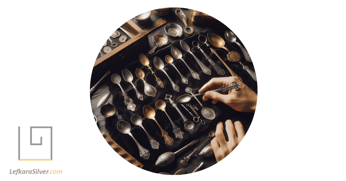 an artisan examining antique silver spoons laid out on a velvet cloth, selecting one for jewelry making.
