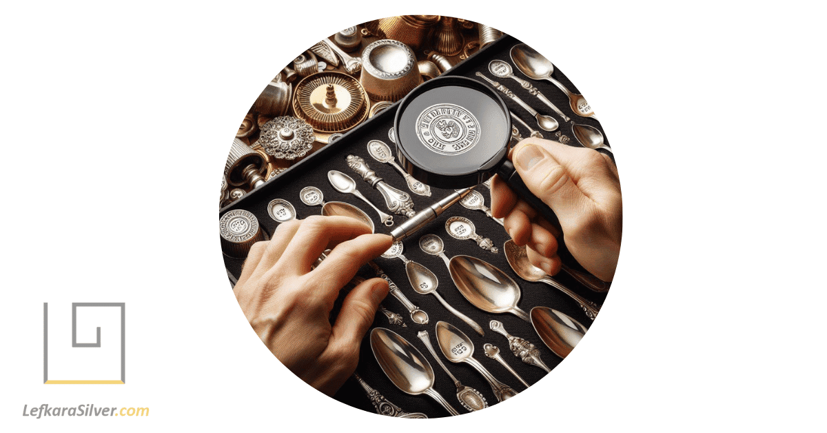 a jeweler holding a magnifying glass to inspect hallmark stamps on a collection of silver spoons.
