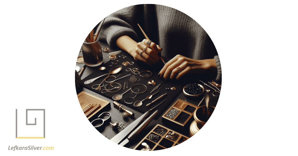 a person sitting at a desk, surrounded by silver spoons and jewelry-making tools, engrossed in crafting.
