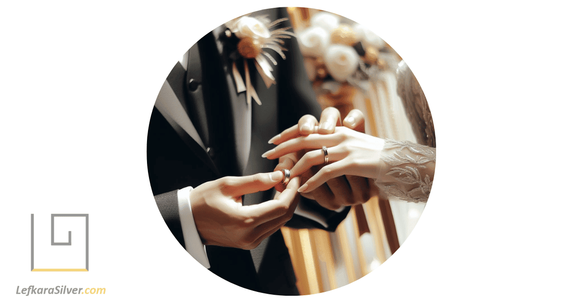 a couple at their wedding ceremony, exchanging silver rings.
