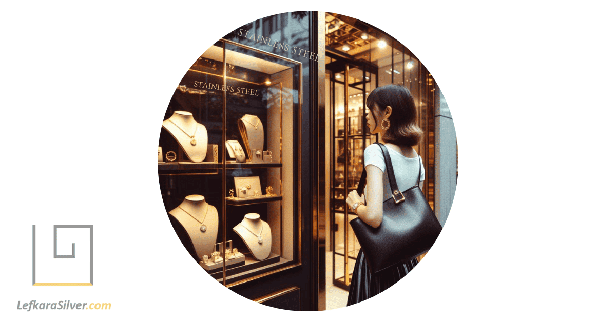 a person standing in front of a well-known stainless steel jewelry store, looking at the display window.
