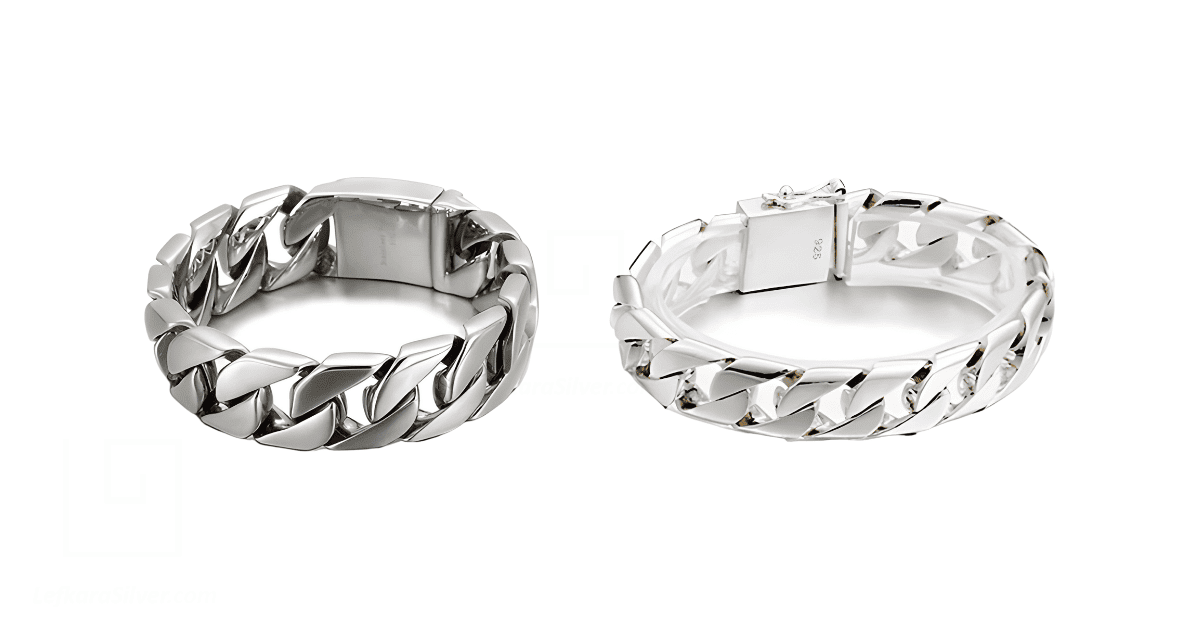 A stainless steel bracelet with a sterling silver bracelet.