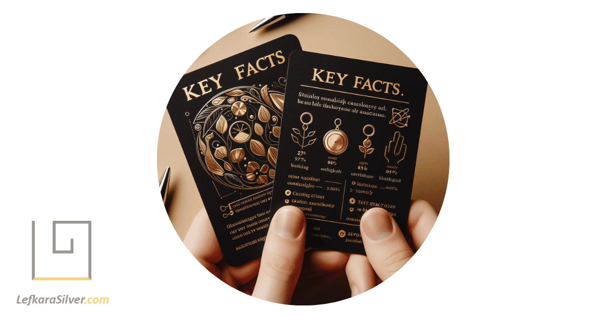 a person holding two cards, one with key facts about stainless steel jewelry and the other about sterling silver jewelry.
