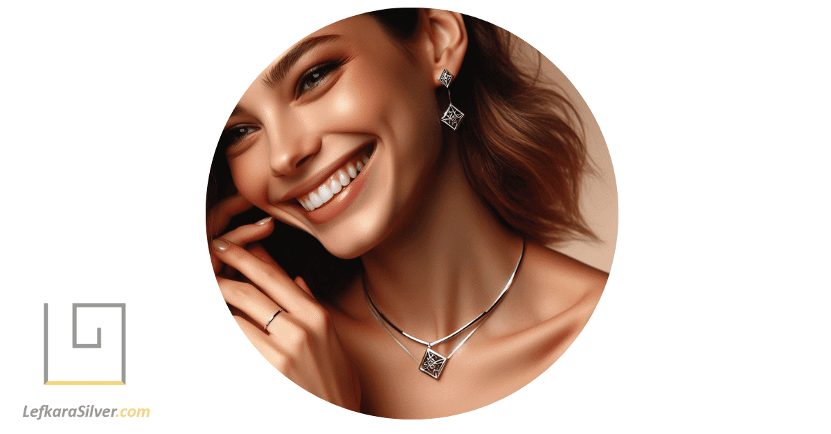 a woman happily wearing a beautiful piece of sterling silver jewelry.
