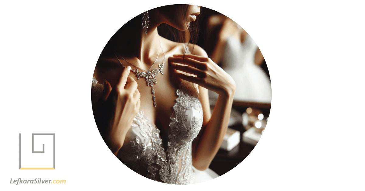 a bride wearing a sterling silver set, reflecting light as she adjusts her necklace in front of a mirror.
