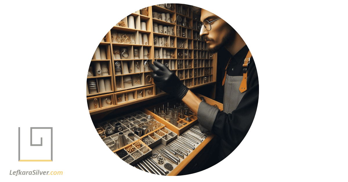 a craftsman selecting sterling silver materials from a shelf for jewelry making.
