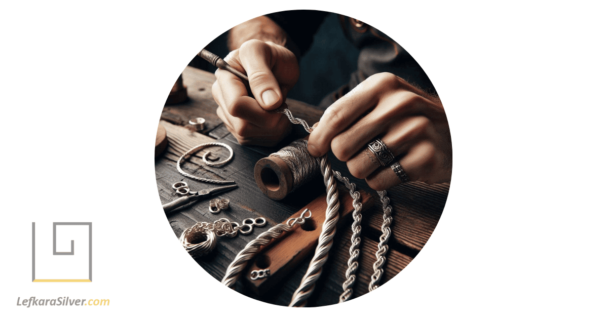 a craftsman intricately twisting a sterling silver rope chain on a dark wooden workbench.
