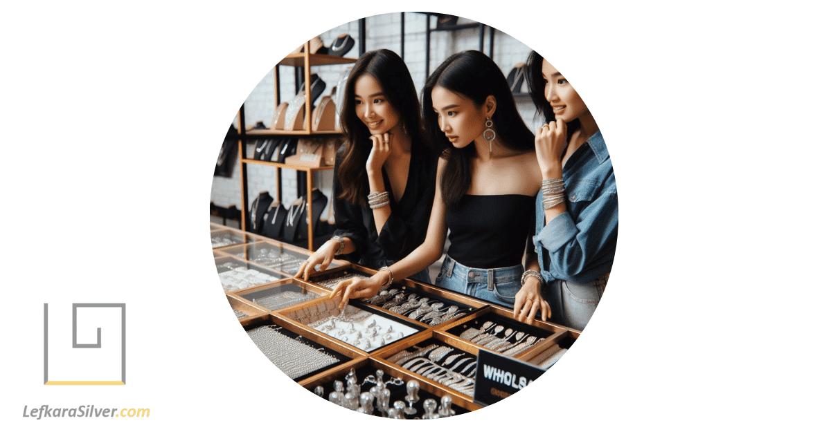 Three Asian women shopping for silver jewelry in a black and gold color palette, with a prominent sign that reads \'Wholesale\'