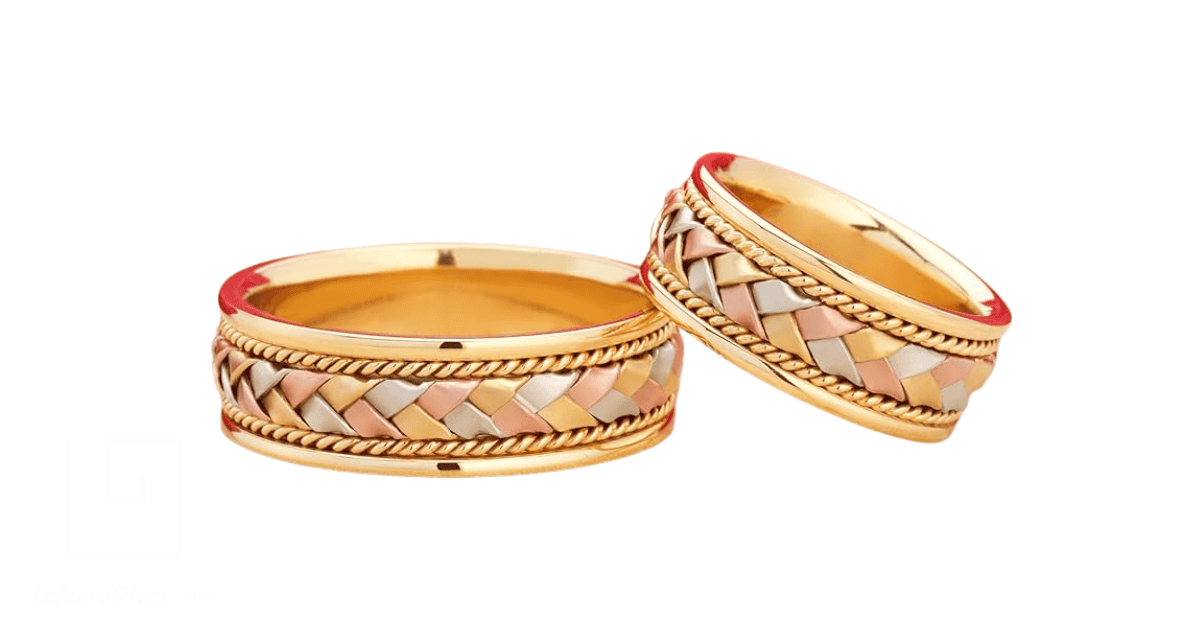 a pair of handmade braided gold wedding bands