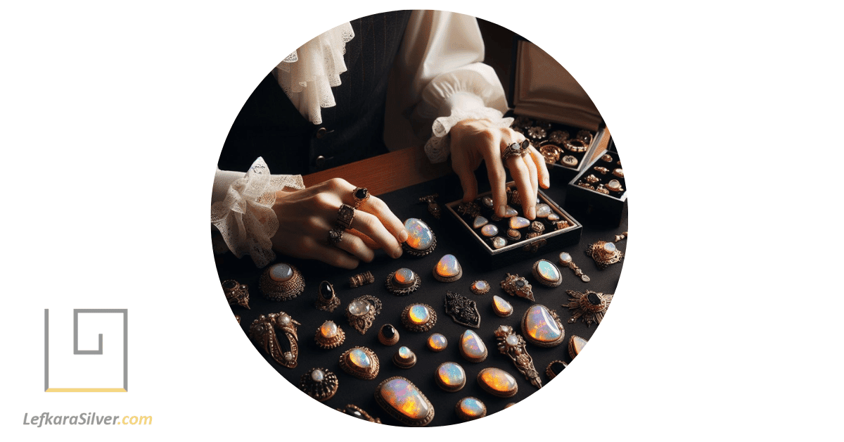 a person dressed in vintage attire, examining a collection of vintage fire opal jewelry pieces spread out on a table.
