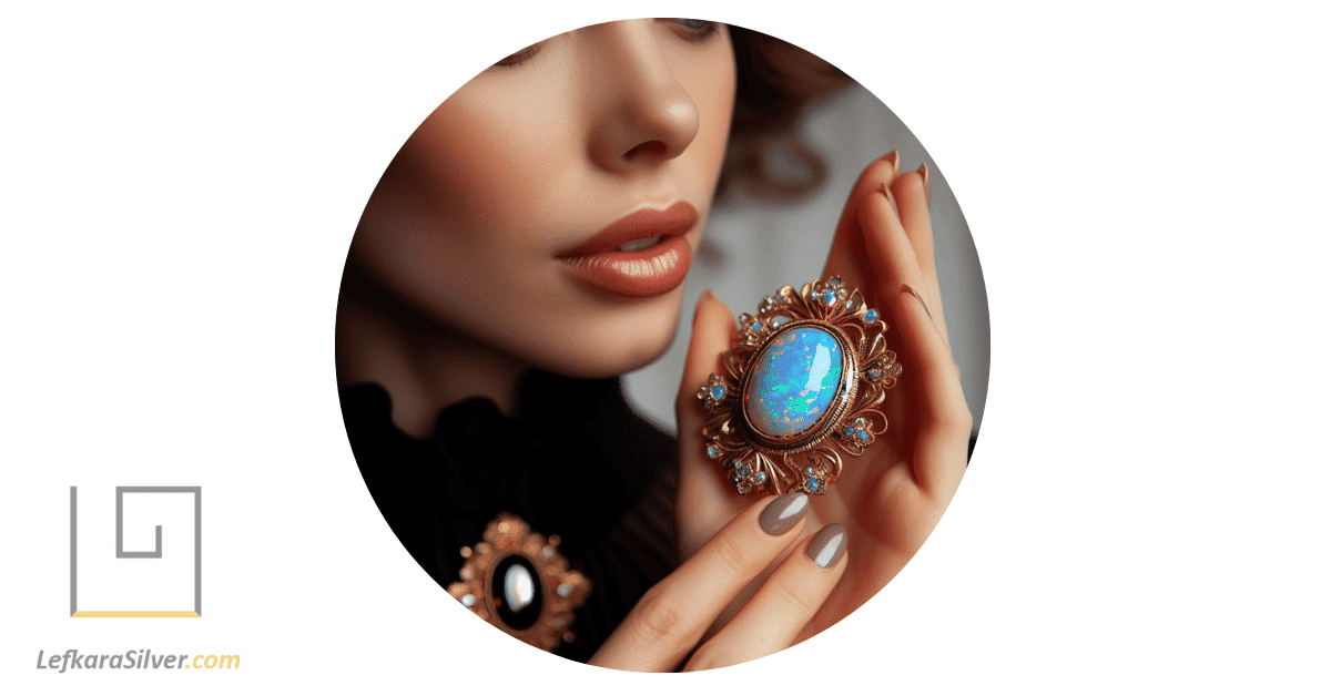 a woman appreciating a vintage opal brooch, her eyes reflecting the opal's vibrant colors.
