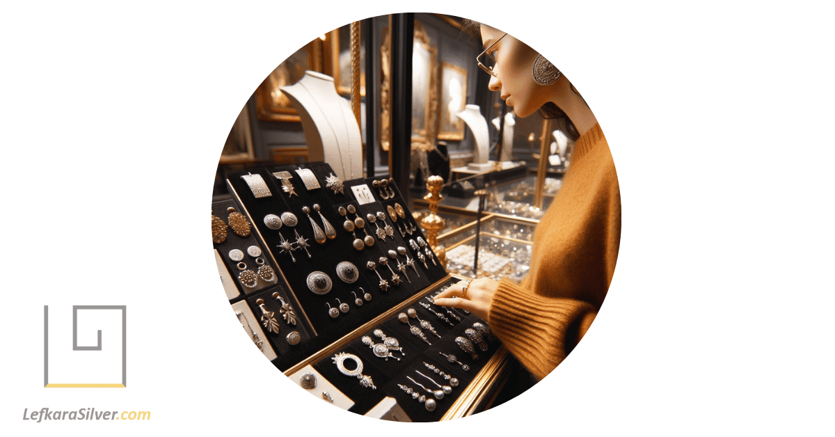 a person browsing through a collection of vintage sterling silver earrings displayed on a velvet stand.
