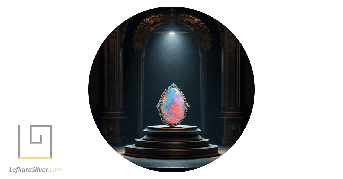 a spotlight illuminating a stunning piece of Welo opal jewelry on a pedestal in a dark room.
