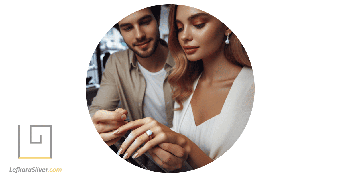 a couple in a jewelry store, the woman trying on a white opal engagement ring.
