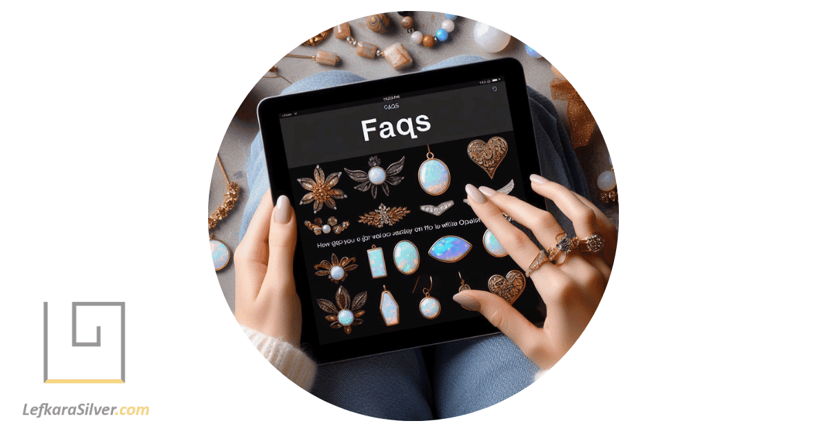 a person reading FAQs on their tablet, with various pieces of white opal jewelry laid out in front of them.