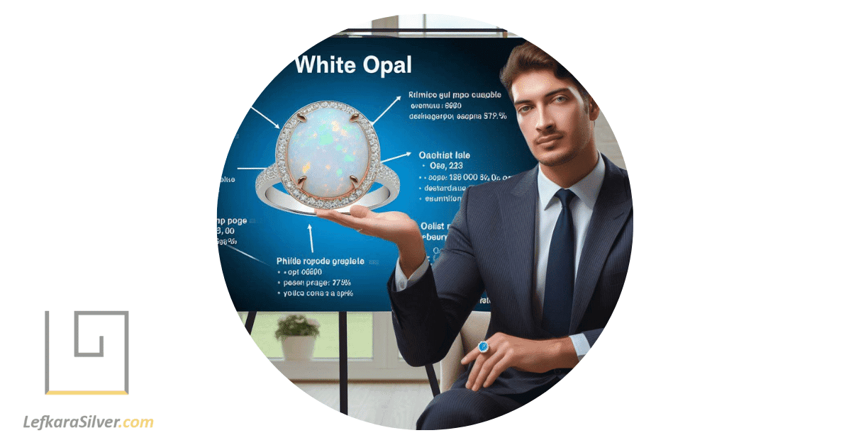 a man presenting facts about white opal jewelry, with a white opal ring in his hand.
