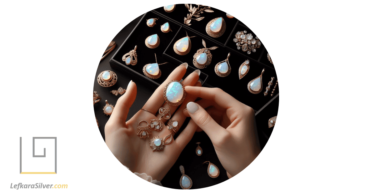 a person exploring a collection of white opal jewelry in gold, holding a piece up to the light.
