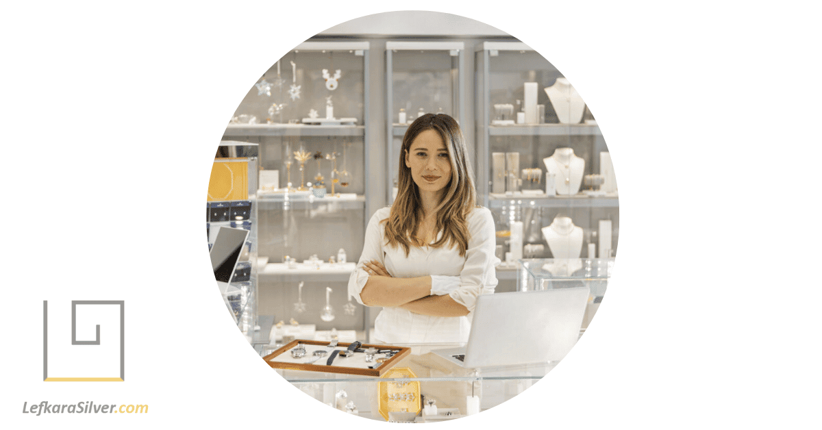 a female silver jewelry wholesaler smiling in her store