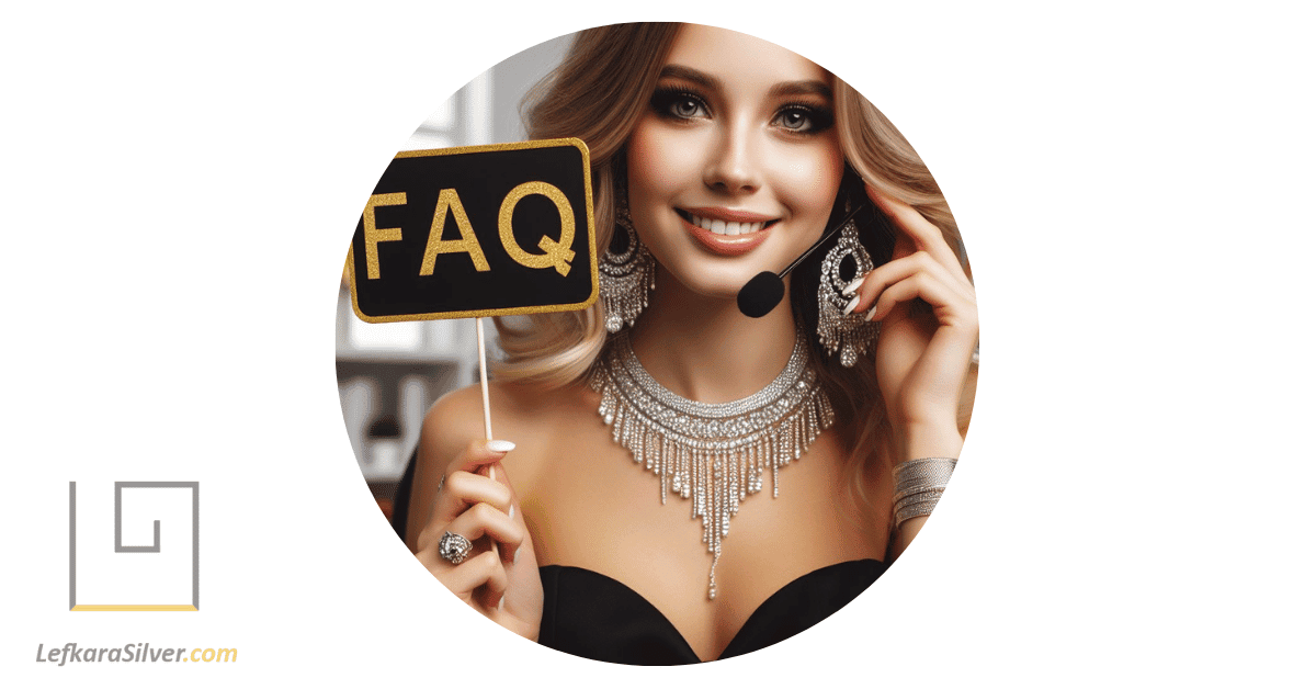 a customer service representative wearing silver jewelry while holding a FAQ sign.