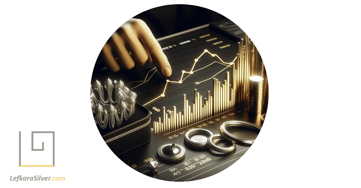 a person analyzing a graph showing rising profits, with silver jewelry displayed in the foreground.
