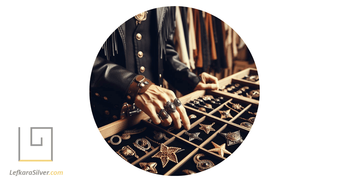 a person dressed in cowboy attire, selecting a piece of western-style jewelry from a display.
