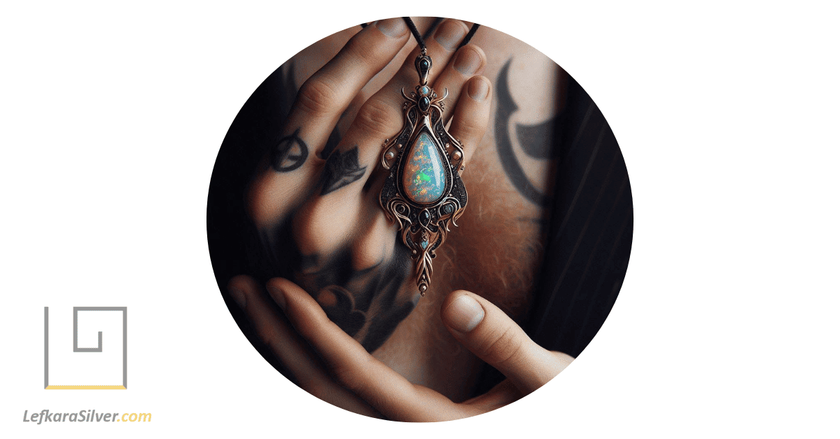 a person holding a unique piece of bespoke opal jewelry, with the intricate details of the opal and its setting clearly visible.
