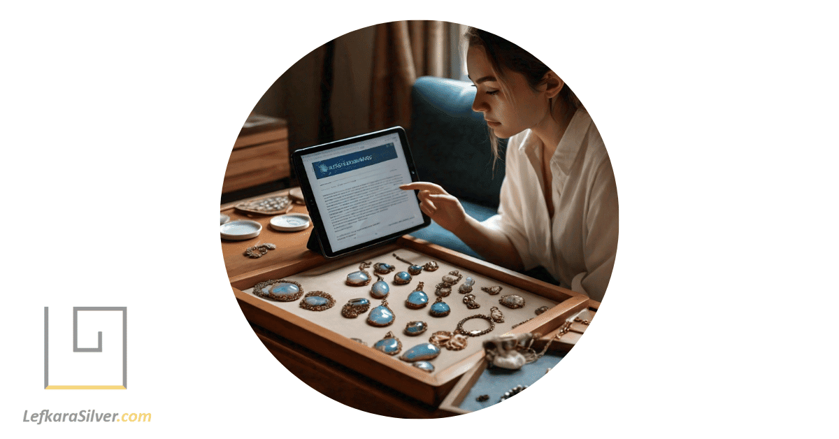 a woman browsing through an online FAQ page on her tablet, with various pieces of opal jewelry spread out in front of her.