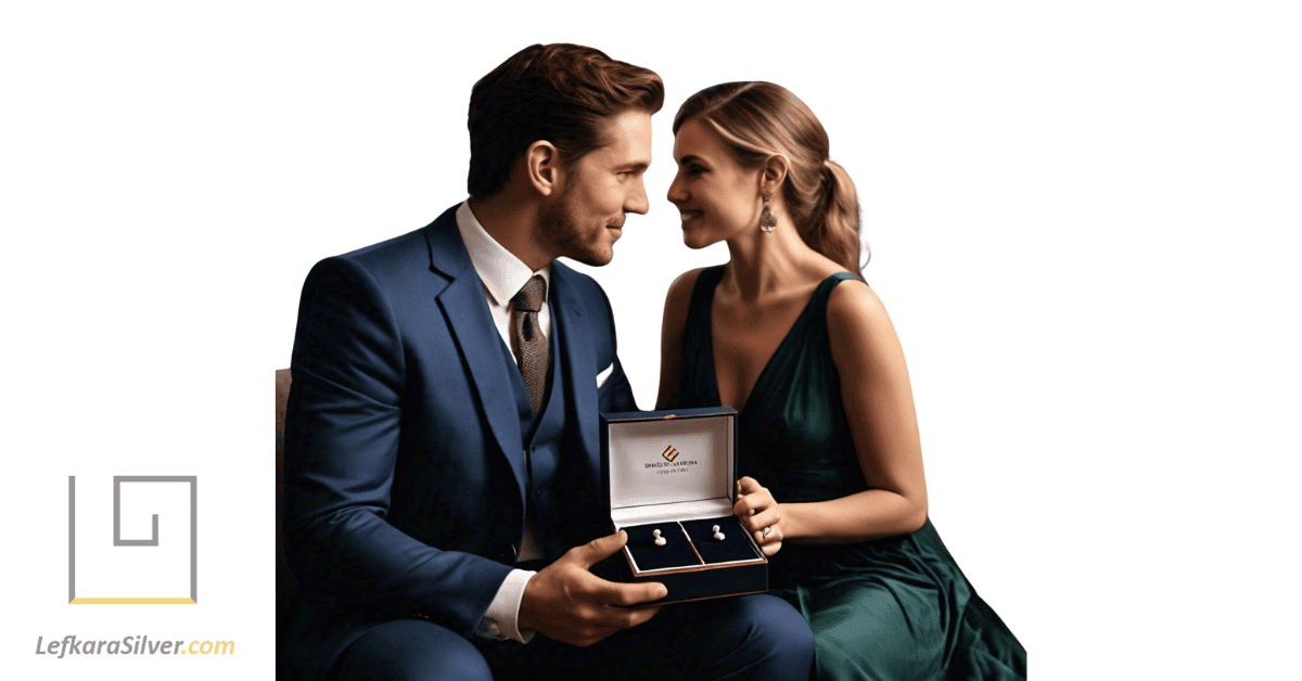 a man surprising his partner with a gift box containing a pair of opal earrings, considered among the best opal jewelry for gifts.
