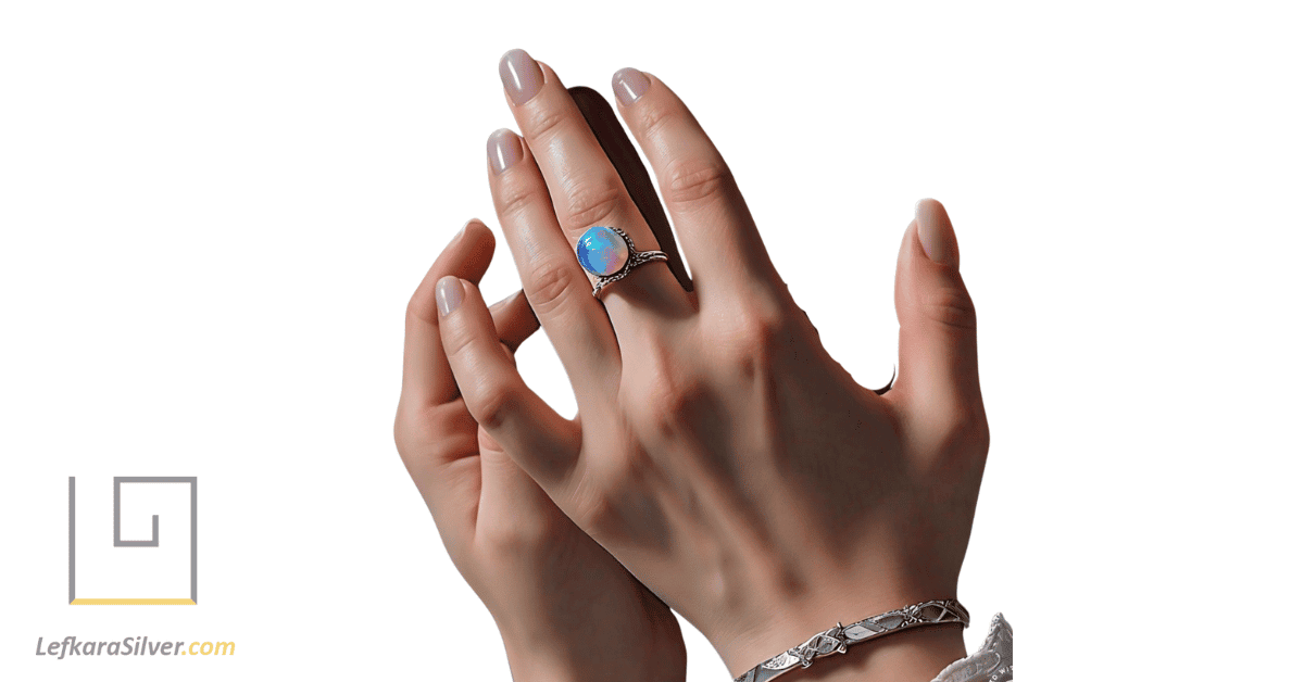 a woman's hand reaching for her favorite opal ring from a jewelry box, the opal's iridescent colors catching the light.
