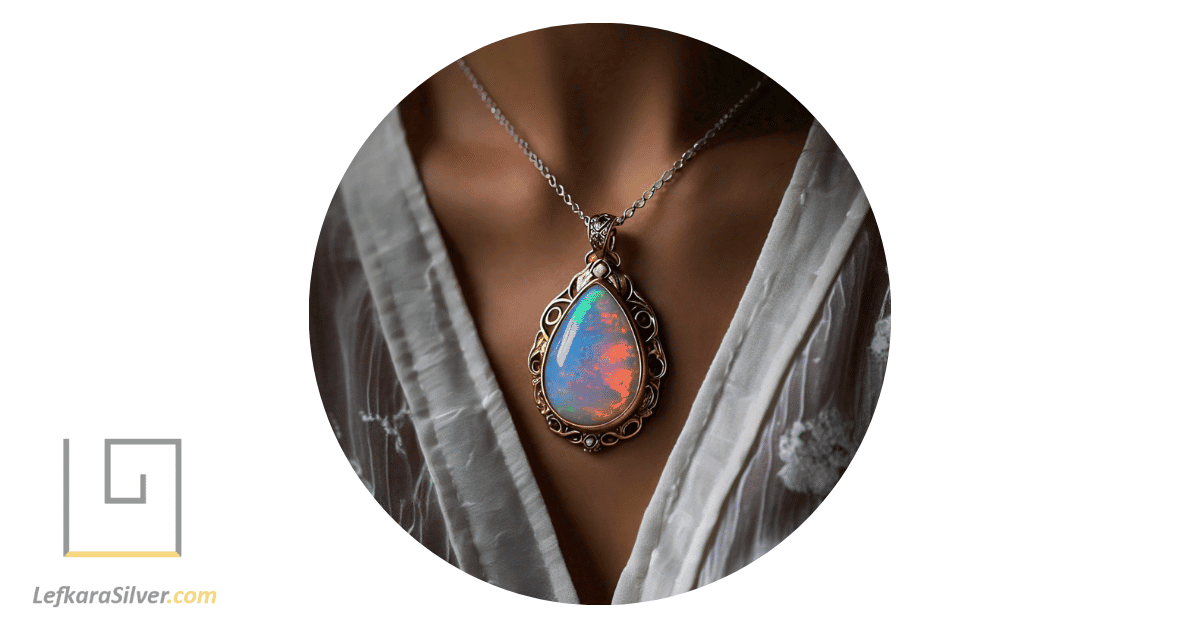 a close-up of a gold-accented opal pendant hanging around a woman's neck, the gold accents enhancing the opal's natural beauty.
