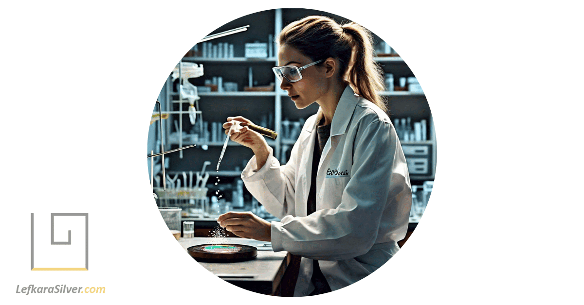 a scientist in a lab coat, dropping water droplets onto an opal bracelet from a pipette.
