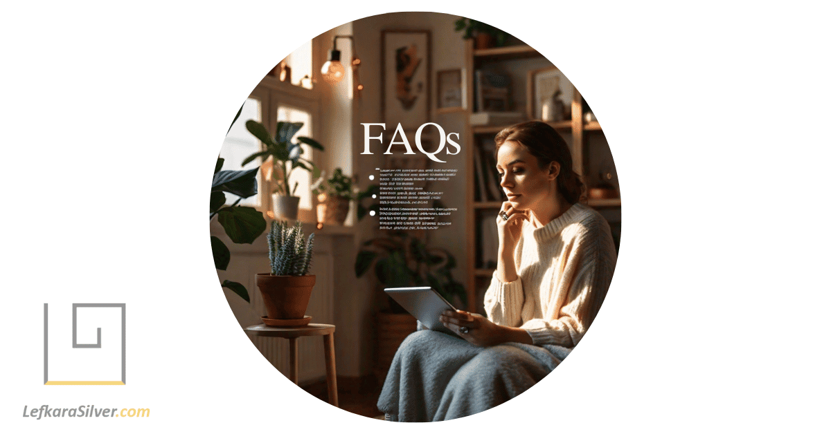 a woman reading a FAQ list on her tablet, with an opal ring in her other hand.