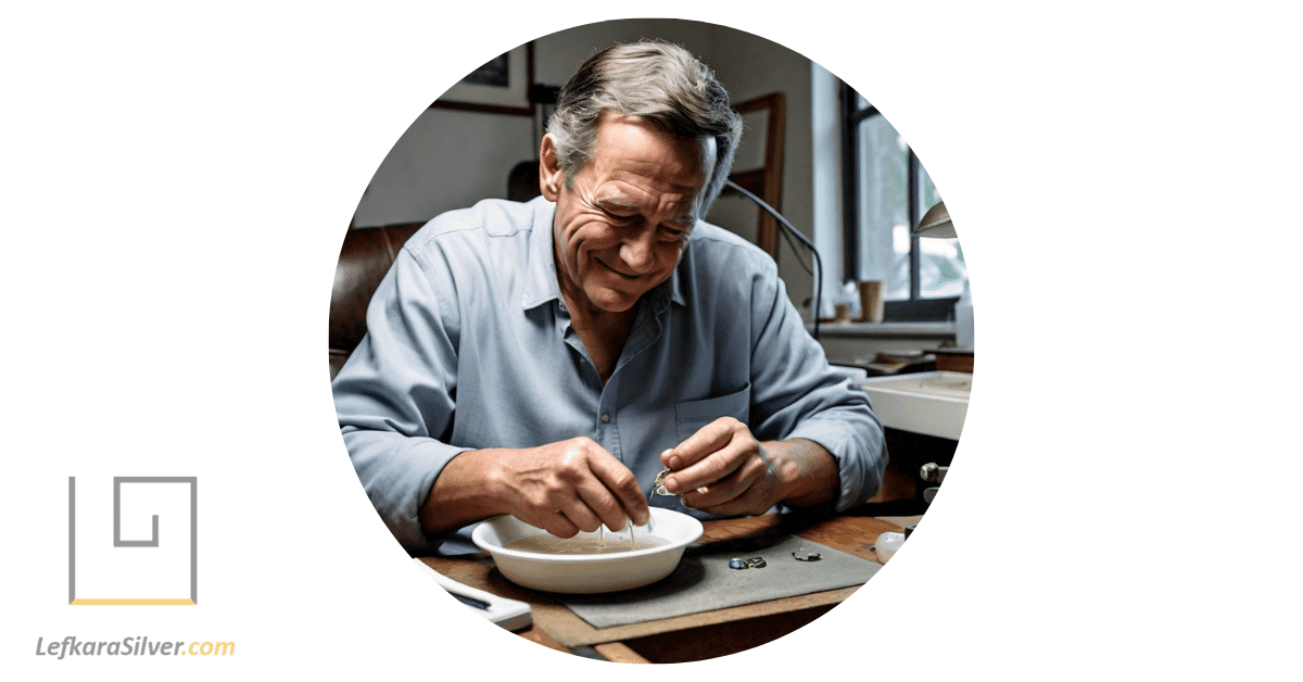 a person carefully dipping an opal ring into a bowl of warm soapy water, illustrating the method to clean opal rings.
