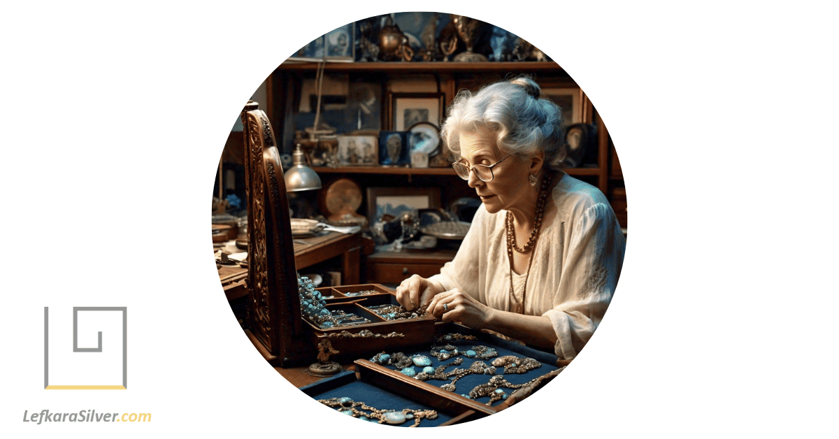 a passionate collector carefully arranging her collection of vintage opal jewelry in a display case.
