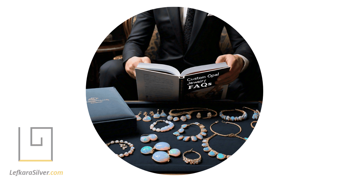 a person reading a book titled "Custom Opal Jewelry FAQs", with various pieces of opal jewelry laid out in front of them.