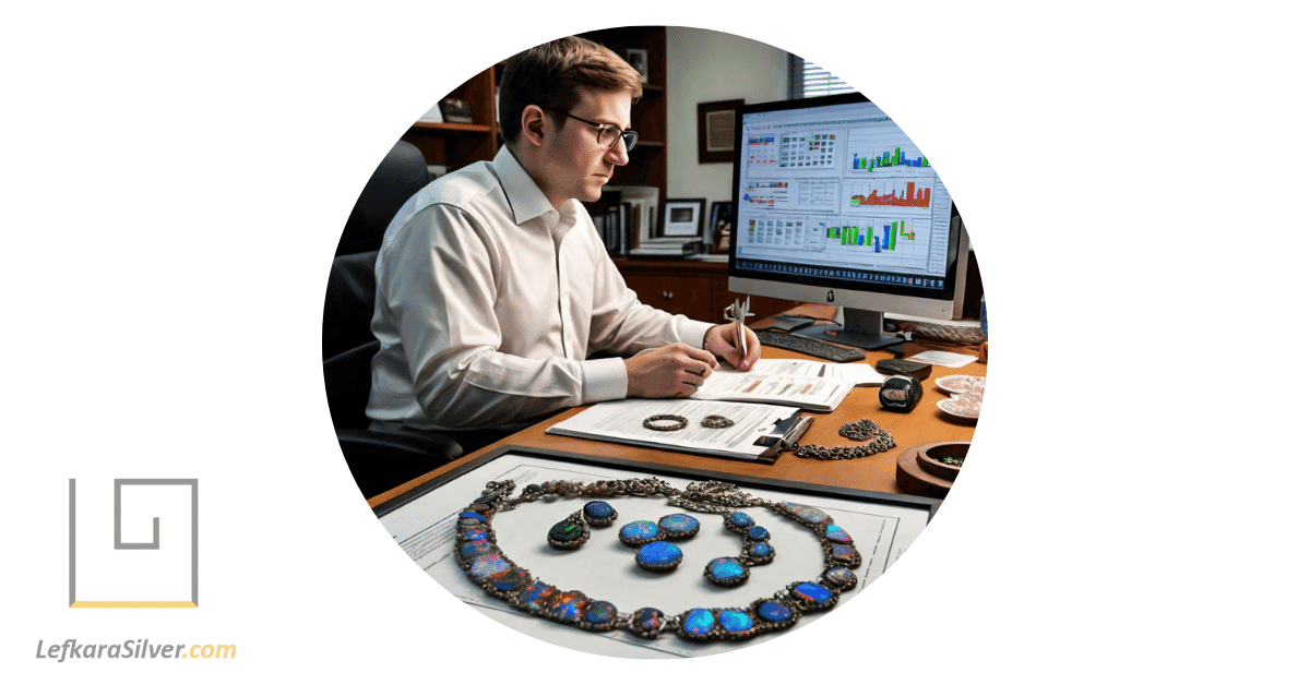 a person analyzing a chart that represents key statistics of custom opal jewelry, with various pieces of opal jewelry scattered around.
