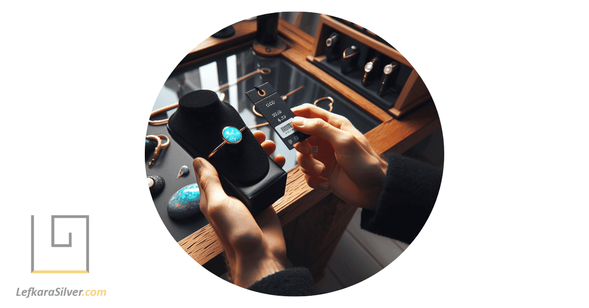 a person looking at a price tag attached to a piece of custom opal jewelry in a high-end jewelry store.
