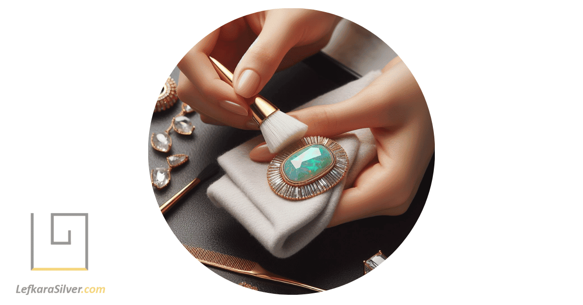 a person carefully cleaning a piece of emerald and opal jewelry with a soft cloth and a small brush.
