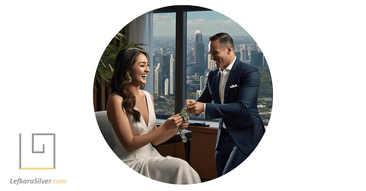 a man presenting an emerald and opal bracelet to a delighted recipient.
