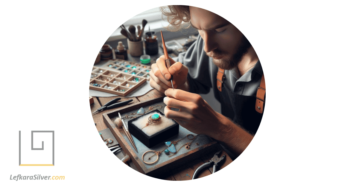 a craftsman carefully crafting a piece of opal jewelry, indicating it's handmade and for sale.
