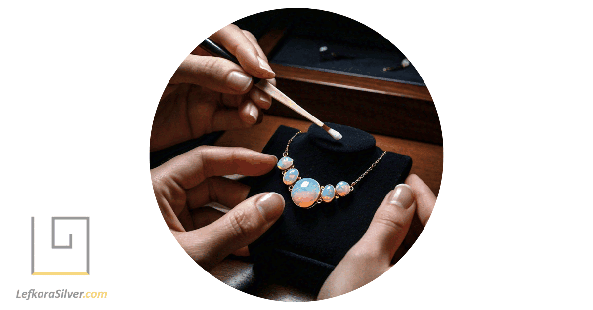 a person gently brushing an opal necklace with a soft toothbrush, demonstrating the process of cleaning opal jewelry.