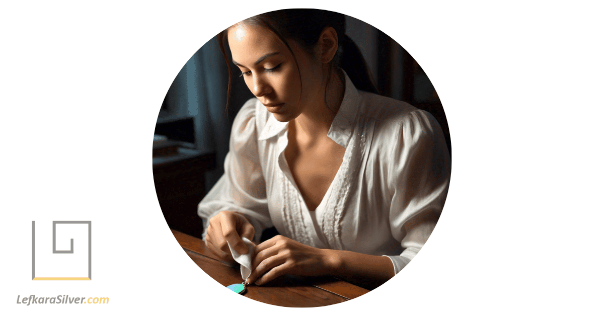 a person gently cleaning an opal pendant with a soft cloth after a shower.
