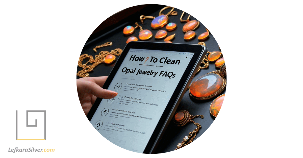 a person scrolling through a digital tablet screen filled with frequently asked questions about cleaning opal jewelry, depicting the "How To Clean Opal Jewelry FAQs" section.