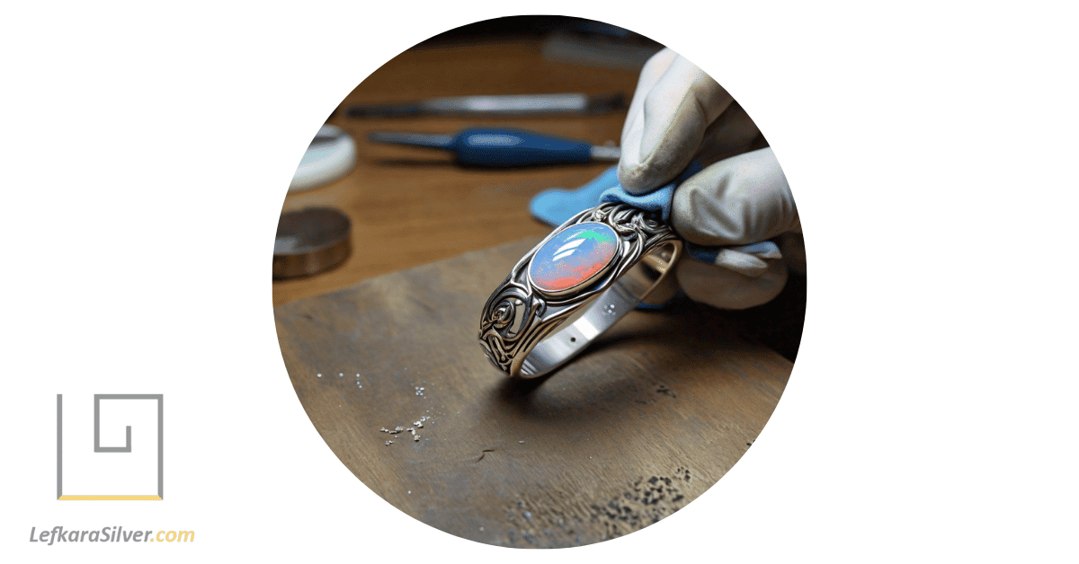 a person using a specialized polishing cloth on an opal bracelet, representing the technique to polishing opal jewelry.
