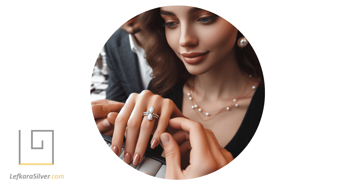 a couple at a jewelry store, with the woman trying on an opal and pearl engagement ring.
