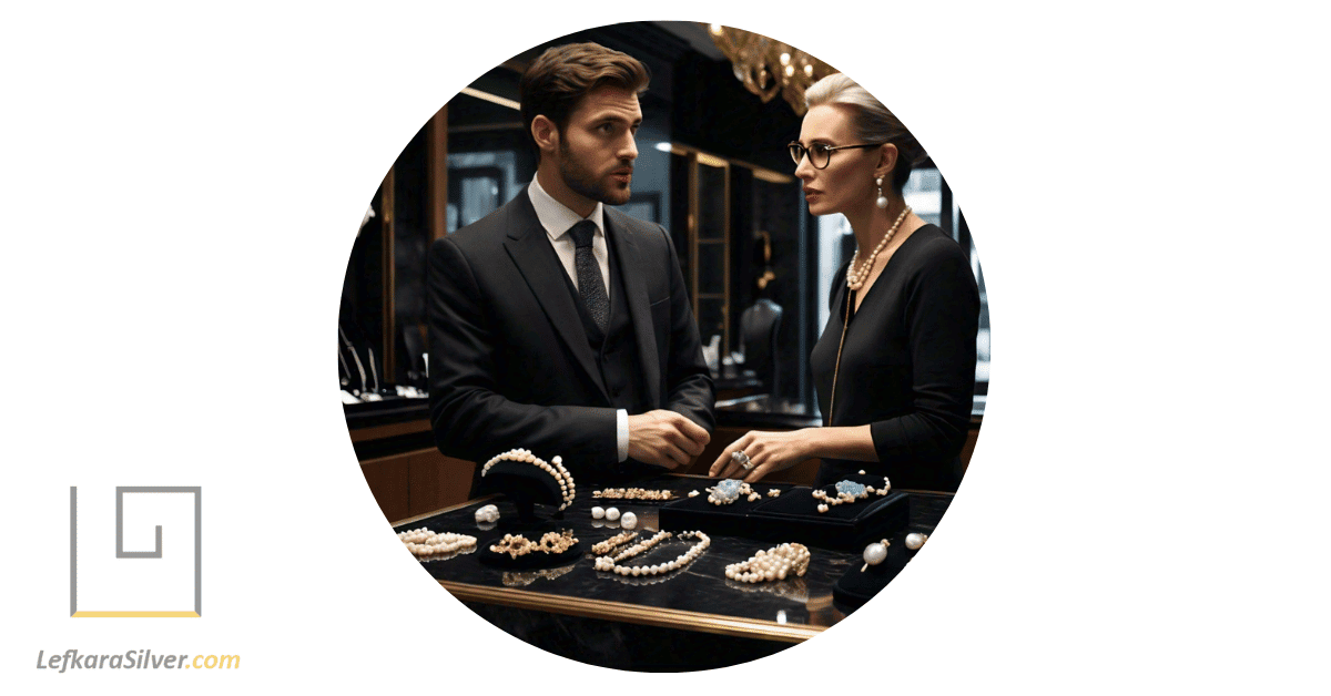 a man presenting key facts about opal and pearl jewelry to an interested customer in a jewelry store.
