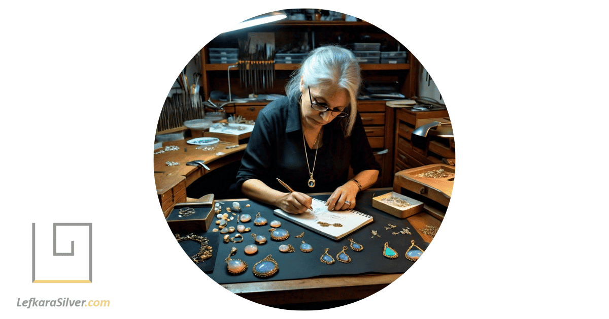 a jewelry designer sketching intricate designs for opal birthstone jewelry.
